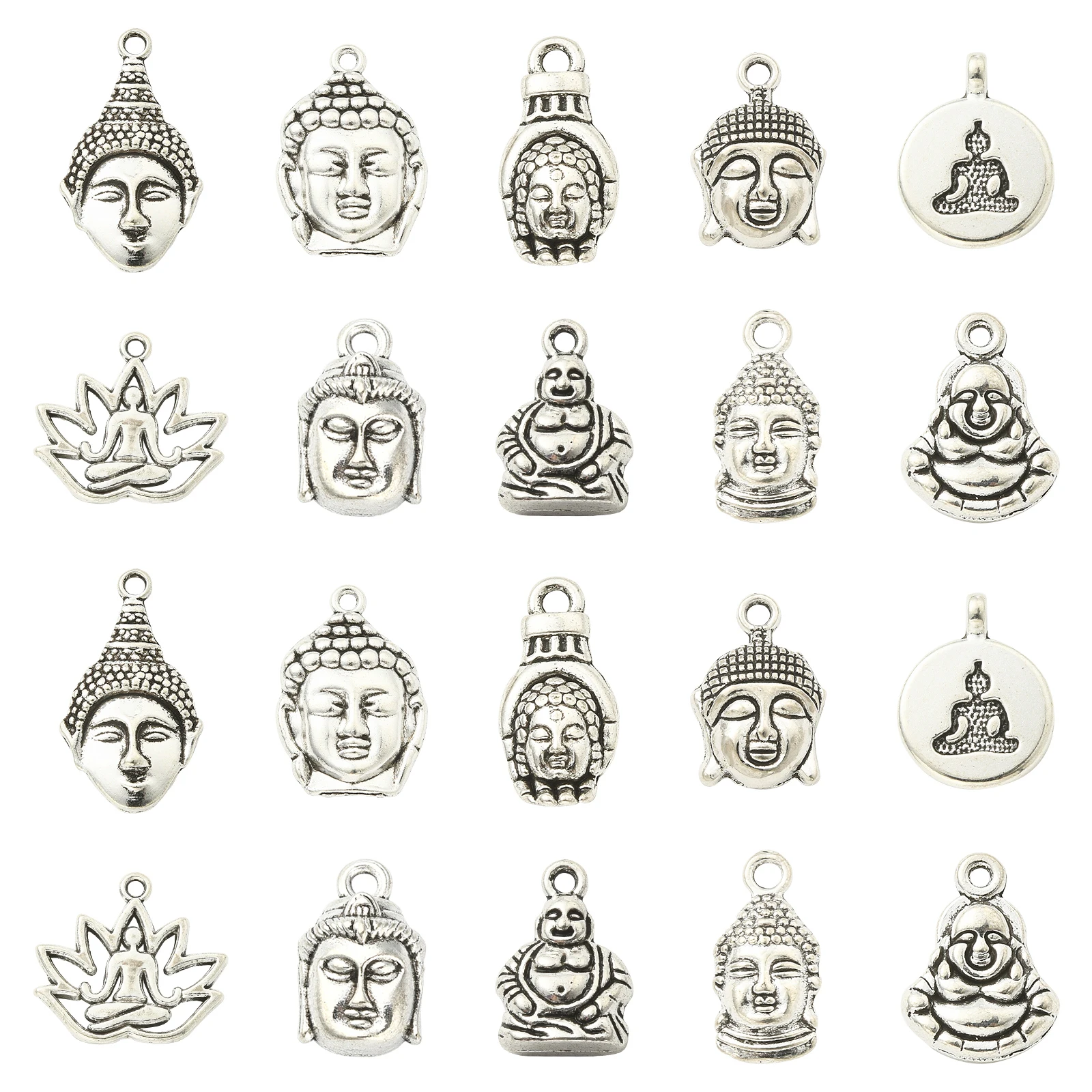 Pandahall 100Pcs 10 Styles Tibetan Style Buddha Charms Religious Lotus Yoga Charms Vintage Charms for Jewelry Making Crafting