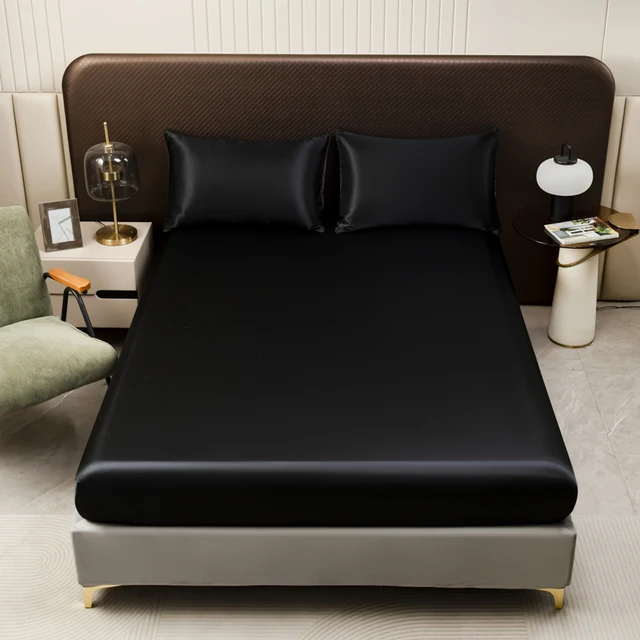 Drap-housse en Satin de couleur unie, housse de matelas double en soie glacée, Queen, naturel avec bande élastique, drap de lit (sans taie d'oreiller), 1 pièce 1