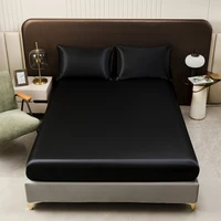 1Pc Satin Fitted Sheet Solid Colour Twin Full Queen Ice Silk Mattress Cover Natural With Elastic Band Bed Sheet (No Pillowcase) 1
