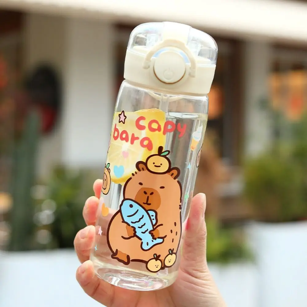Cute Cartoon Capybara Straw Water Bottles 400ML Transparent Children's Water Cup Portable Leak-Proof Drink Cup Home Office