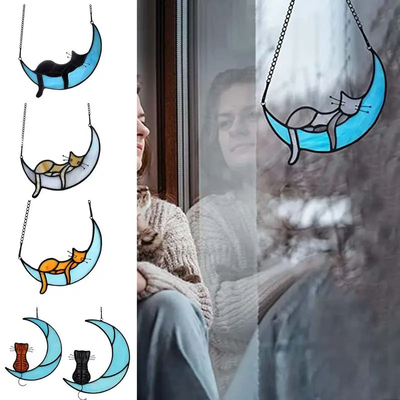 

Cat Stained Glass Cat On Moon Stained Glass Window Hangings 2D Colorful Cat Loss Handicraft Glass For Cat Lovers Cat Decoration