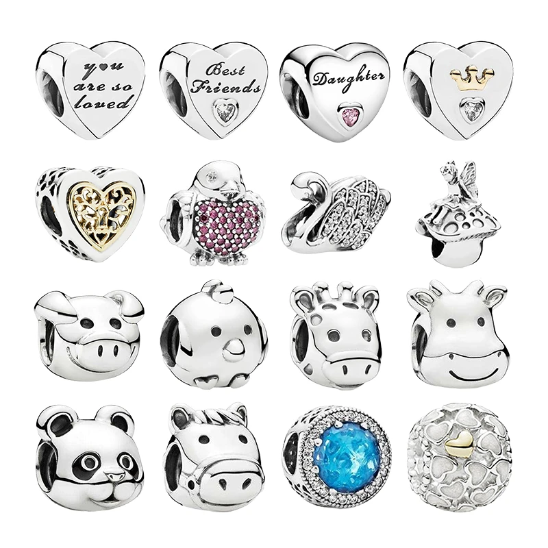 

Silver 925 Beads For Bracelets Women Best Friends Daughter Lock Love Heart Robin Swan Pig Chichen Giraffe Cow Panda Horse Charms