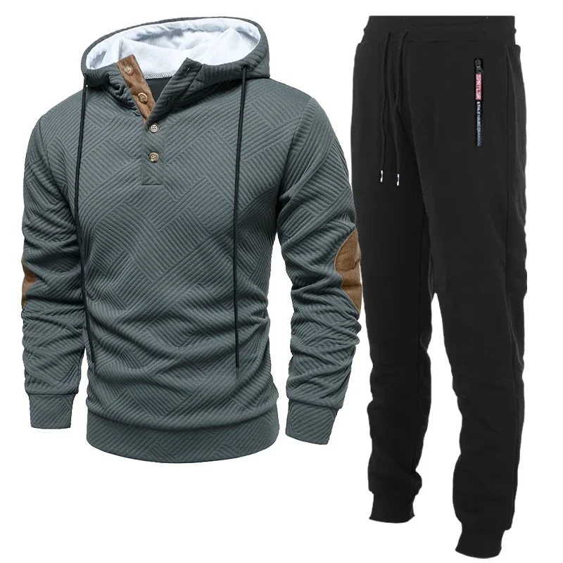 Mens 2 Pieces Pullover Hooded Set Long Sleeve Drawstring Button Sweatshirt Texture Hiking Outdoor Jackets with Baggy Pants