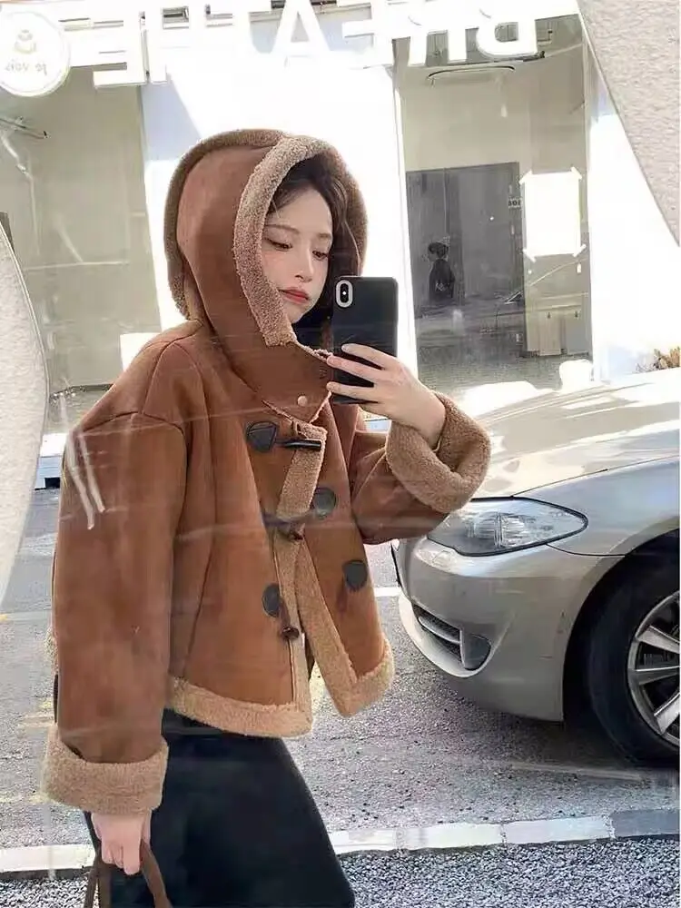 

Winter Suede Fur Lining Women Coat 2023 New Korean Fashion Thick Warm Hooded Jacket Short Overcoat Female Trench Coats