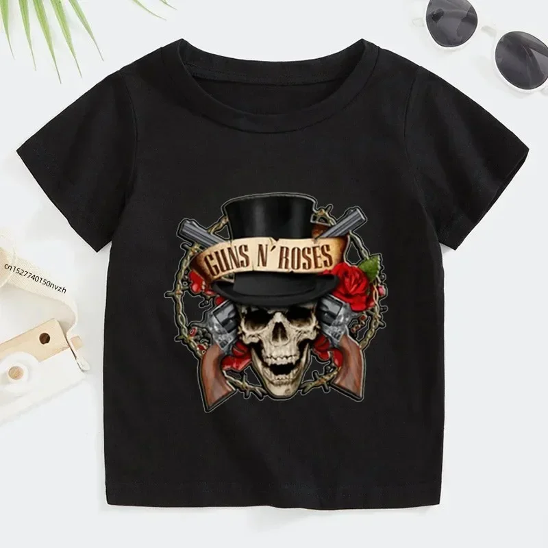 thumbnail image 1 of Camiseta de algodón para niños y niñas de 2 a 14 años con banda de rock Gun N Roses, camisetas de manga corta con estampado de música Kpop, ropa informal para bebés, 1 of 4
