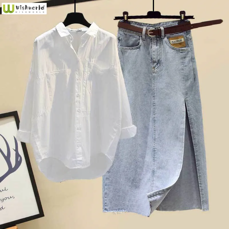 

Large Size Spring and Summer Suit Fashionable and Elegant Slim Waist Shortening Skirt Casual Shirt Two Piece Set Women's Suit