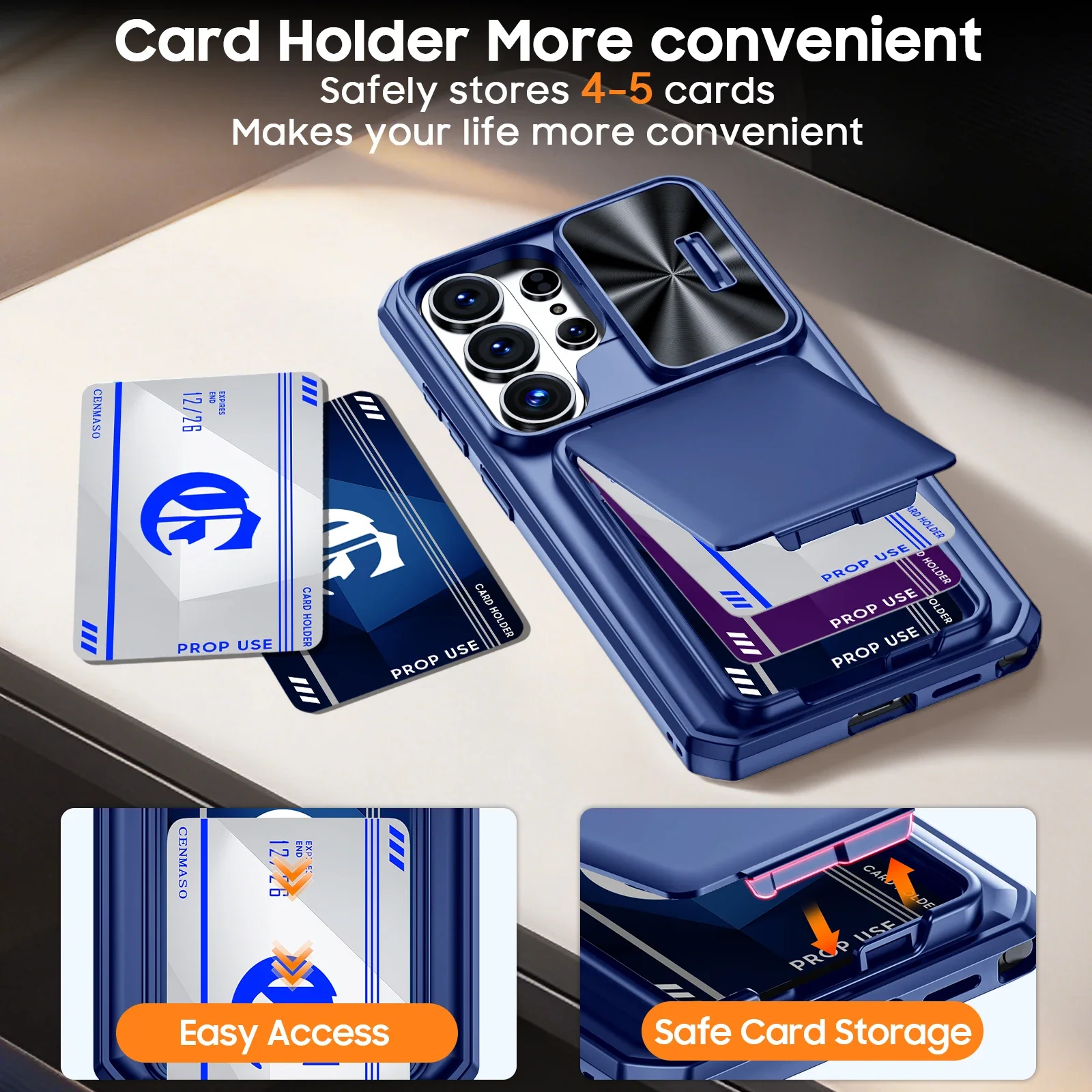 Blue Wallet Phone Case with Card Holder, Sliding Camera Cover, and Stand - Anti-Fall PC+TPU
