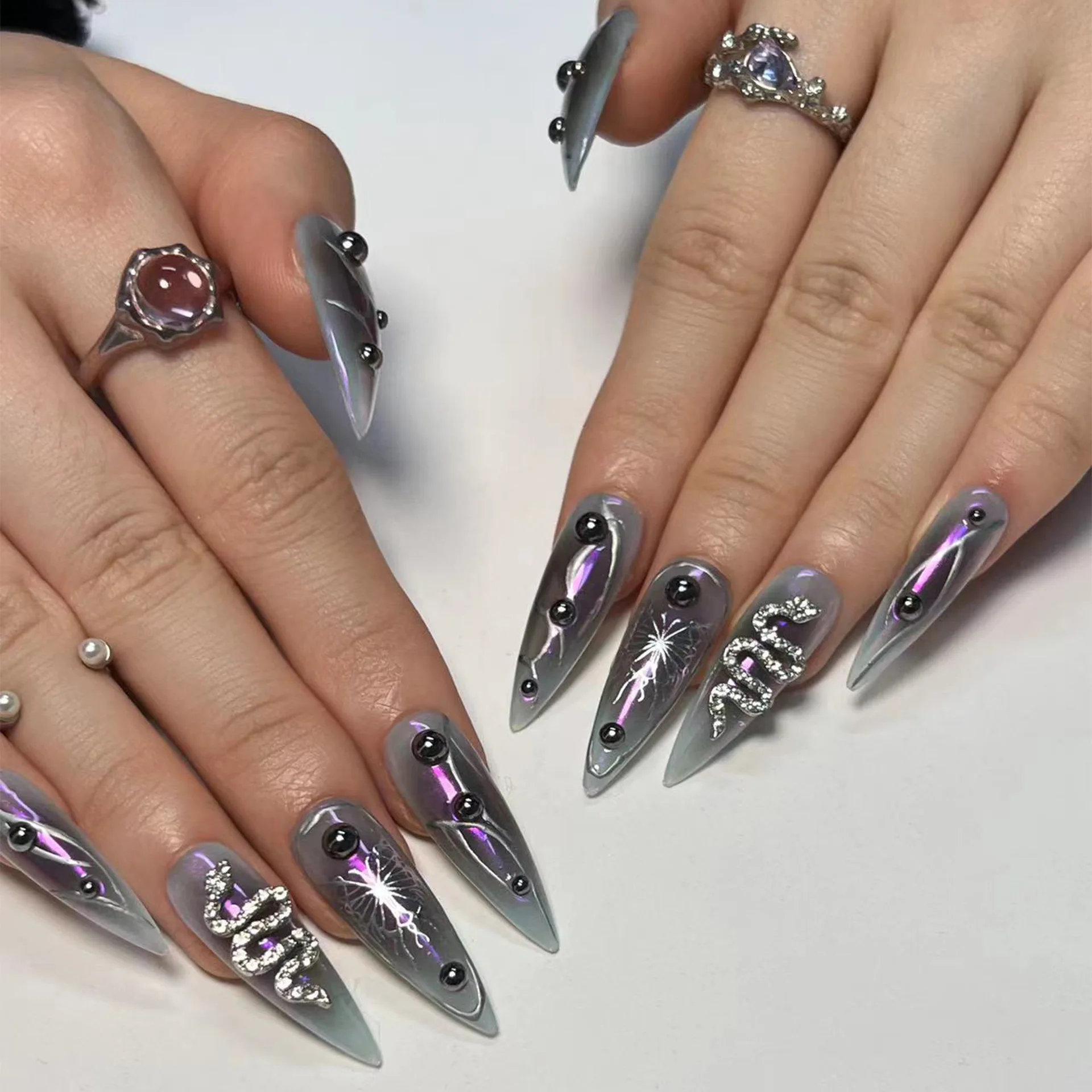 Faux Ongles Press On Effet Chrome Argenté & Rose - Style Y2K Long Forme Stiletto - Neuf Avec Boîte