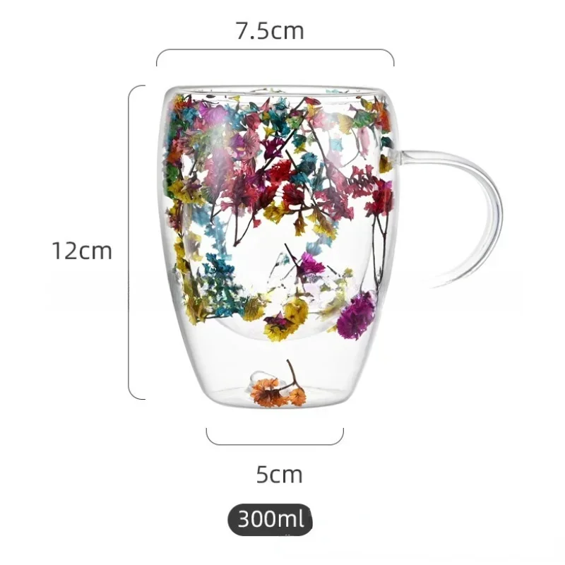 350ml Dried Flower Decorative Double Walled Glass Mug with Handle Coffee Cup Creative Flower Mug Heat insulation Milk Water Cups