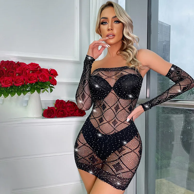 

Women's Shiny Fishnet Dress Rhinestone Erotic Sexy Teddies For Women Bling Mesh Hollow Out Female Bodystocking Bodysuits+ gloves