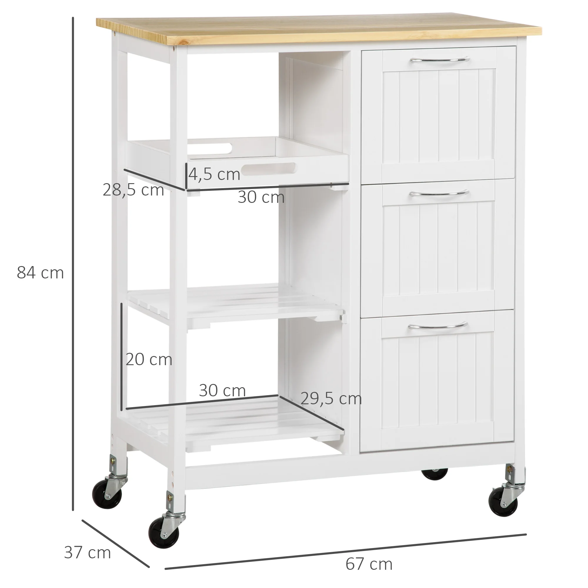 HOMCOM Carrito de Cocina Carrito Verdulero con 1 Cajón y 2 Estantes  Abiertos Carro Auxiliar con Ruedas para Comedor Salón Baño 25x50x85 cm  Blanco, Mode de Mujer