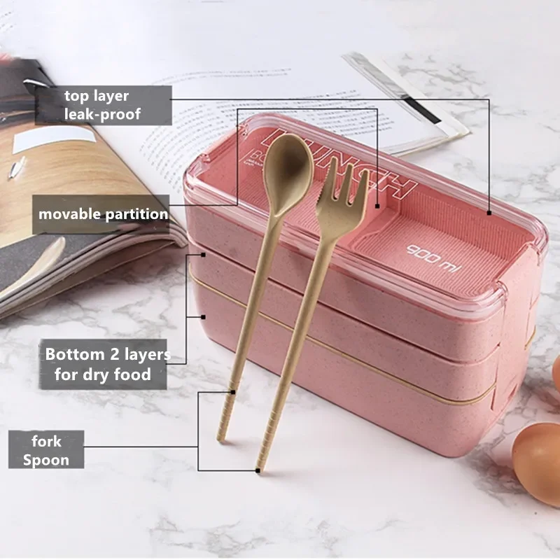 Description Picture 5 of item900ml Healthy Material Lunch Box 3 Layer Wheat Straw Bento Boxes Microwave Dinnerware Food Storage Container Lunchbox