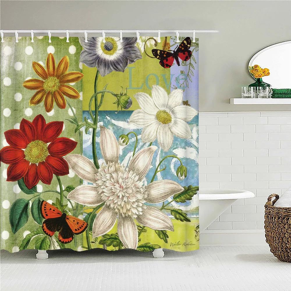 

Retro style Flowers Butterfly Shower Curtains Plant Leaves Print Bathroom Waterproof Polyester Bath Curtains With Hooks Decor