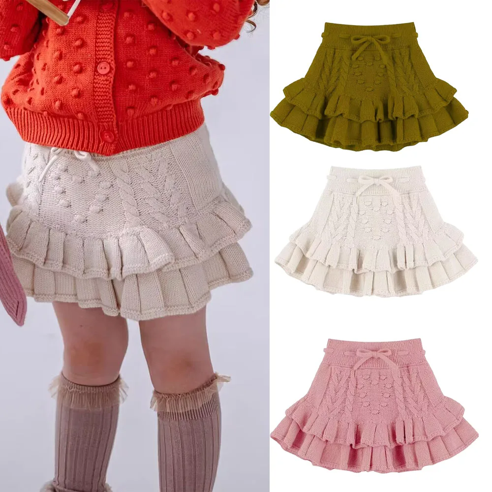 

Vintage Ruffle Layers Baby Girls Knitting Mini Skirt 1-4Years Toddler Knitted Bloomer Shorts Thick Warm Newborn Winter Clothes