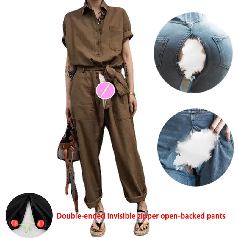 Invisible Open Crotch Outdoor Convenient Jumpsuit for Women 2022 Summer Tied High Waist Loose Korean Temperament Overall pants