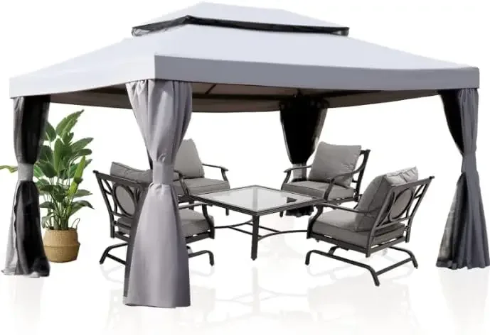 

Gazebo, Hardtop Gazebo, Single Roof Pergolas Metal Aluminum Frame UV 50+ Outdoor Canopy with Mosquito Netting and Curtains