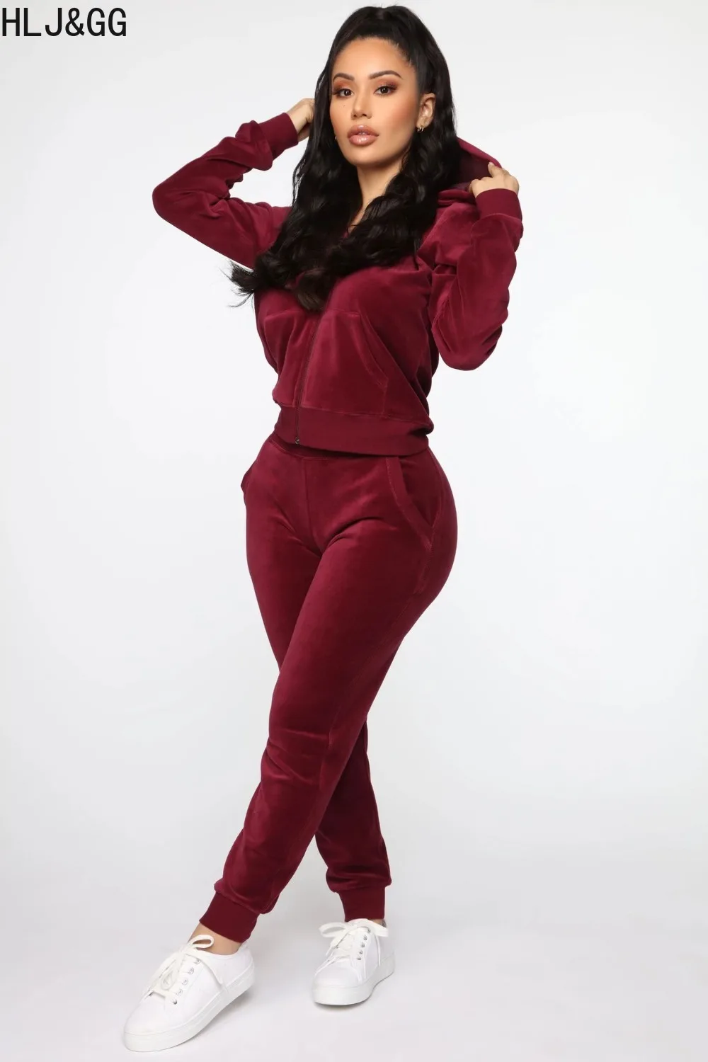 HLJ&GG Fall Winter Hooded Tracksuits Women Velvet Zipper Long Sleeve Top And Skinny Pants Two Piece Sets Casual 2pcs Streetwear