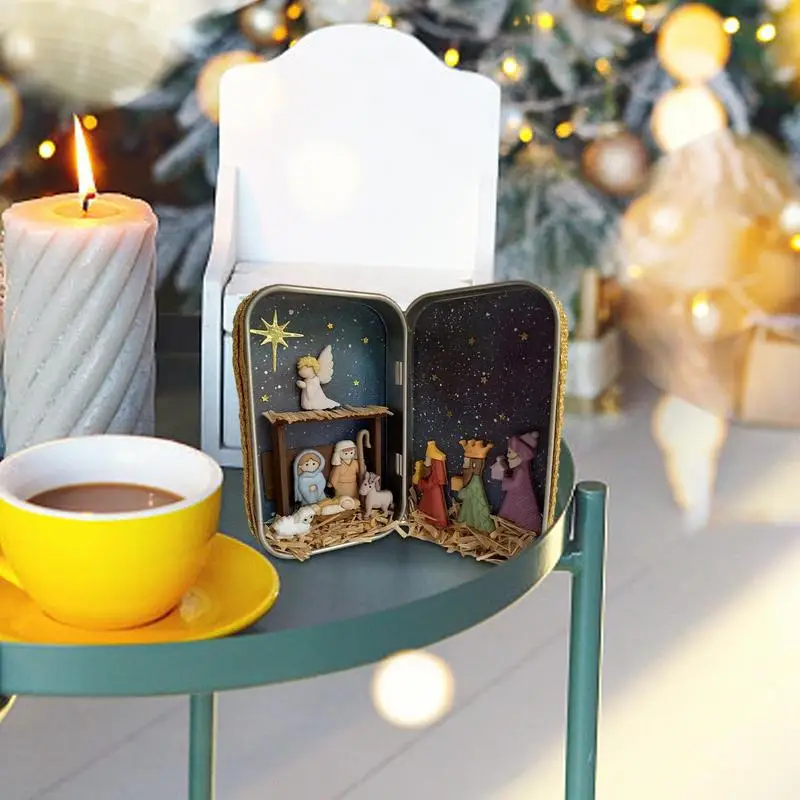 Christmas Manger Nativity Set Resin Figurines Tabletop Decoration Box Ornament Holy Family Religious Figurine