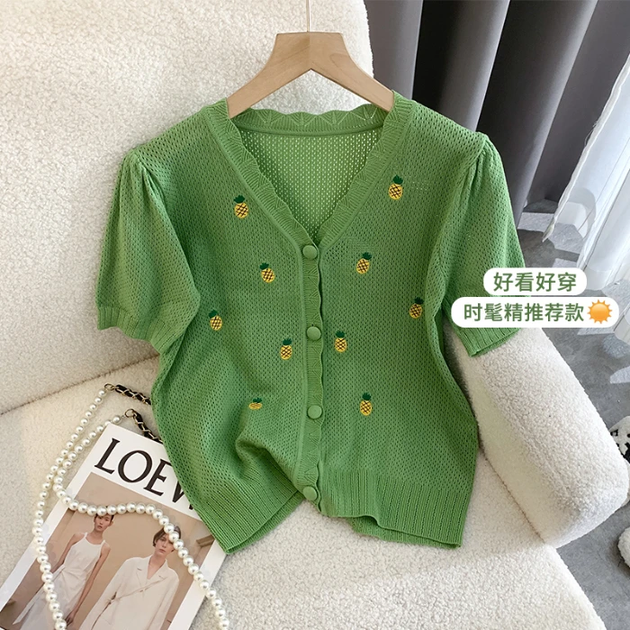

Summer V-neck Pineapple Embroidery Knitted T-Shirt Women's Green Short Sleeve Knit Tops Cropped Cardigan Women Sweater Tshirt