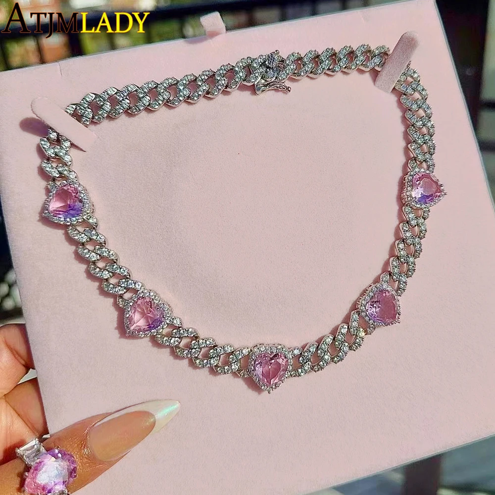 Chain Of Heart|pink Heart Cuban Link Chain Necklace - Iced