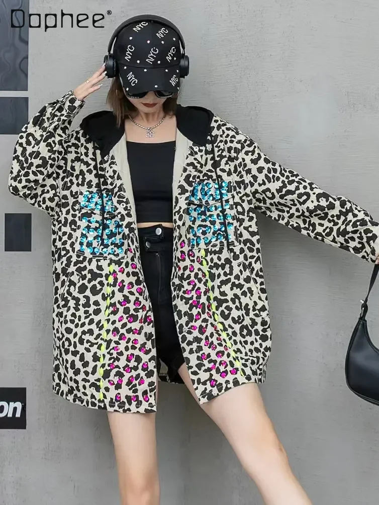 

Leopard Print Hooded Denim Jacket for Women 2023 Spring and Autumn New Beaded Rhinestone Mid-Length Loose Top Fashion Brand