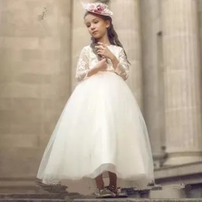 

Ivory Satin Flower Girl Dresses With Champagne Bow Sash Jewel Neck Ankle Length Bubble Short Sleeves Lace Hemline Girls Dresses