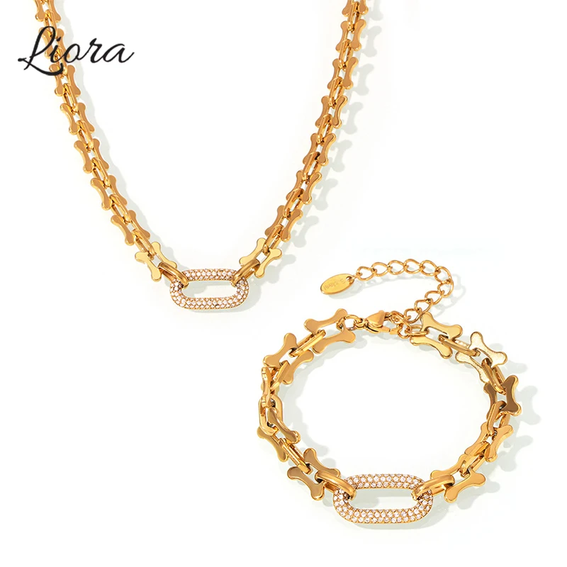 Liora Hip Hop Quadratische Kette Halskette Armband Für Frauen 316L Edelstahl Zirkonia Frauen Gold Farbe Schmuck Set