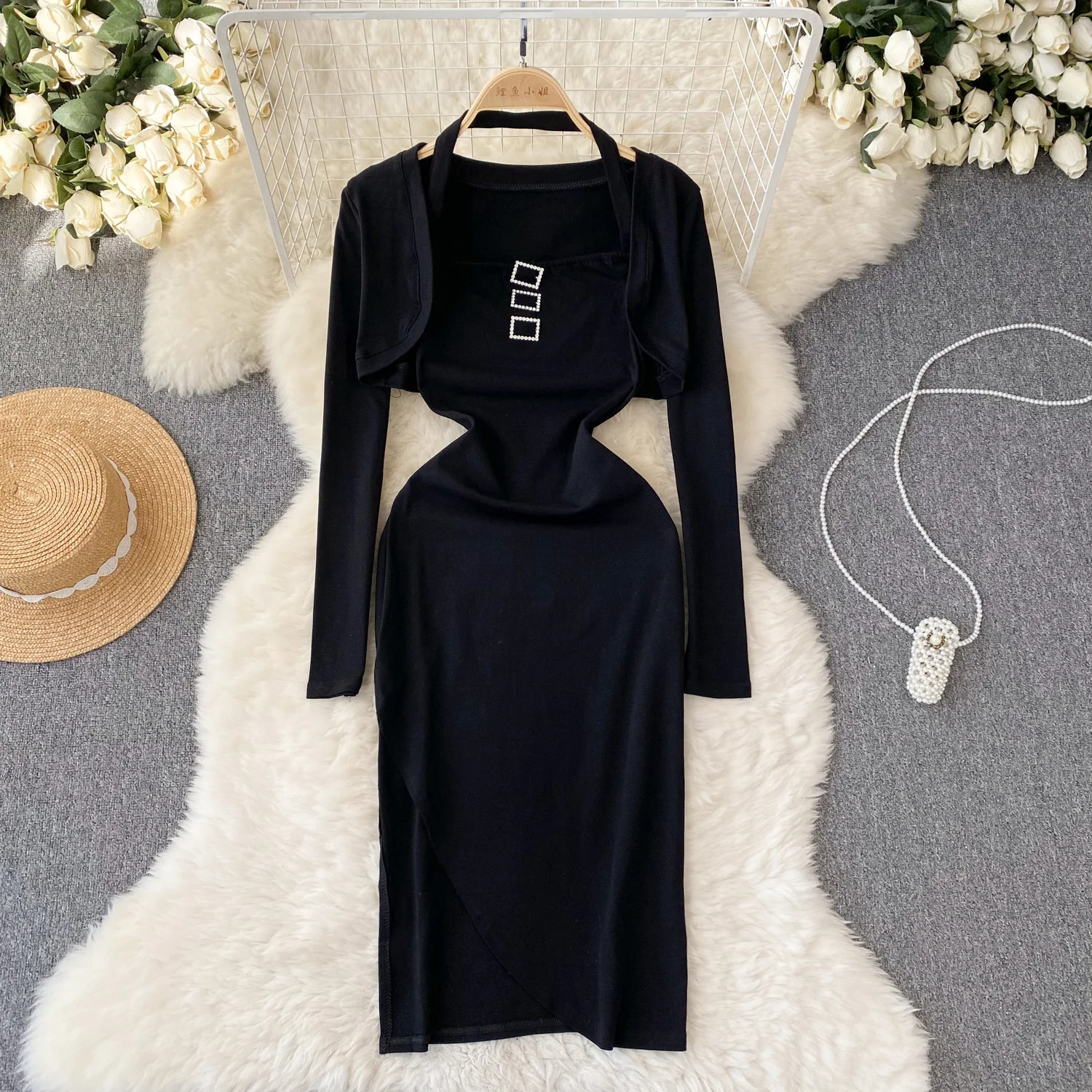 

New Short Coat And Dress 2 Piece Set For Women Black Strap Dresses Autumn Winter Tight Split Long Dress + Long Sleeve Short Coat