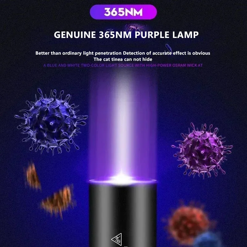 UV Flashlight USB Rechargeable 365nm 3W Ultraviolet Torch For Pets Urine Cat Tinea Money Ore Scorpion Detection
