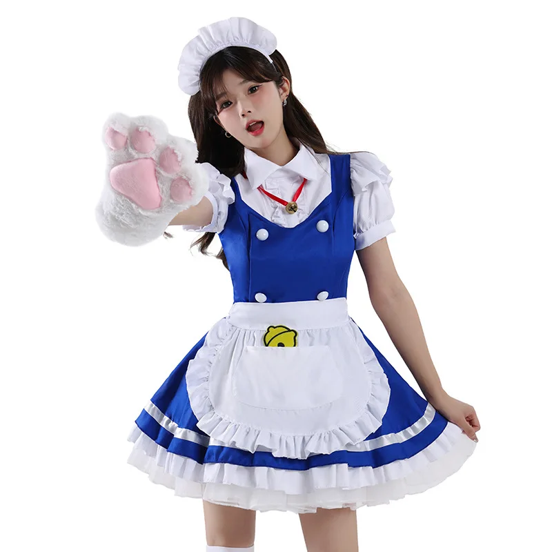 Original Lolita Maid Outfit Waitress Cute Yellow Short Skirt Women Apron Dress Halloween Uniform Cosplay Costume Japanese Anime