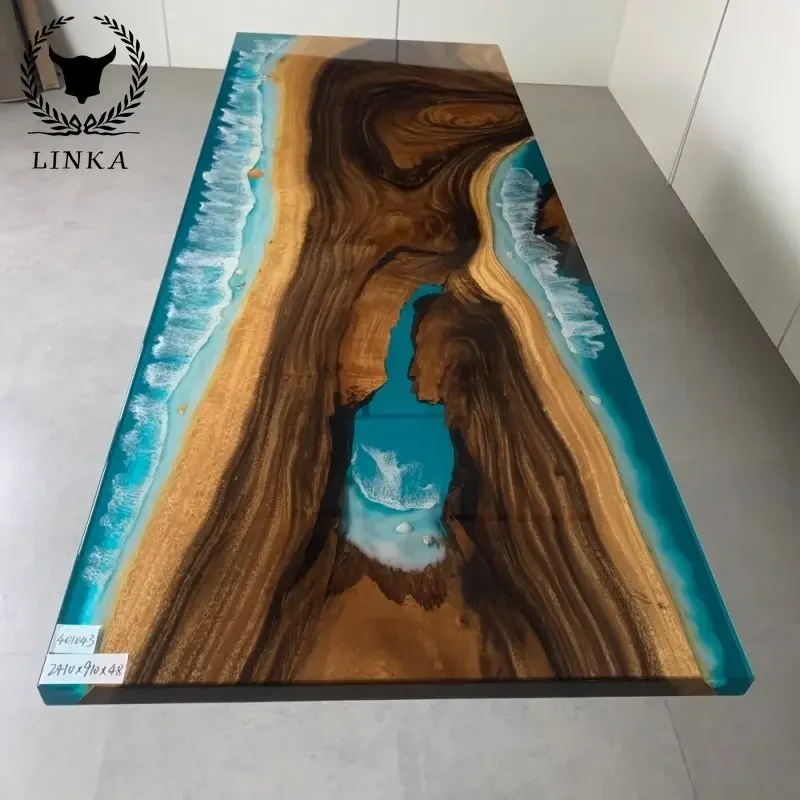 

Custom South American walnut resin solid wood slab squareInnovative design Epoxy river dinining table top