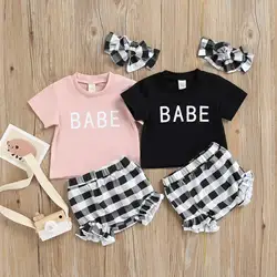Ensemble de vêtements d'été en coton pour bébés, lettres, manches courtes, col rond, à carreaux, taille haute, bandeau 