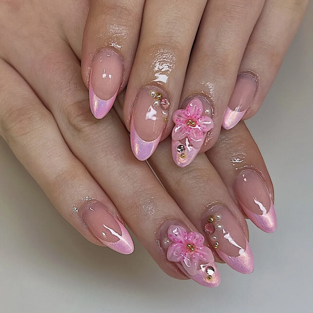 Summer Blossom 3D Pearl Water Ripple False Nails Set