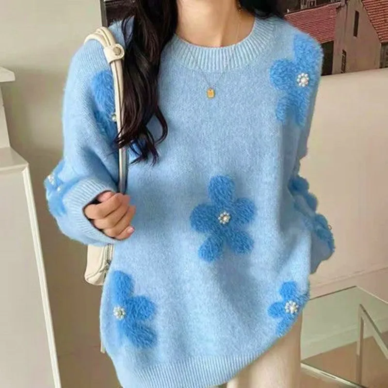

Lazy Wind Soft Glutinous Sweet Sweater Women's Autumn Winter New Korean Loose Beaded Flower Knitted Tops Ladies Pullover
