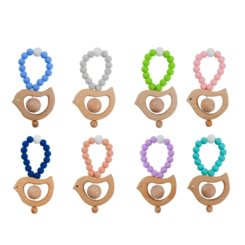 

1pc Baby Teether Silicone Bracelet BPA Free Birds Animal Pendant Wood Ring Teething for Toddlers Newborn K1KC