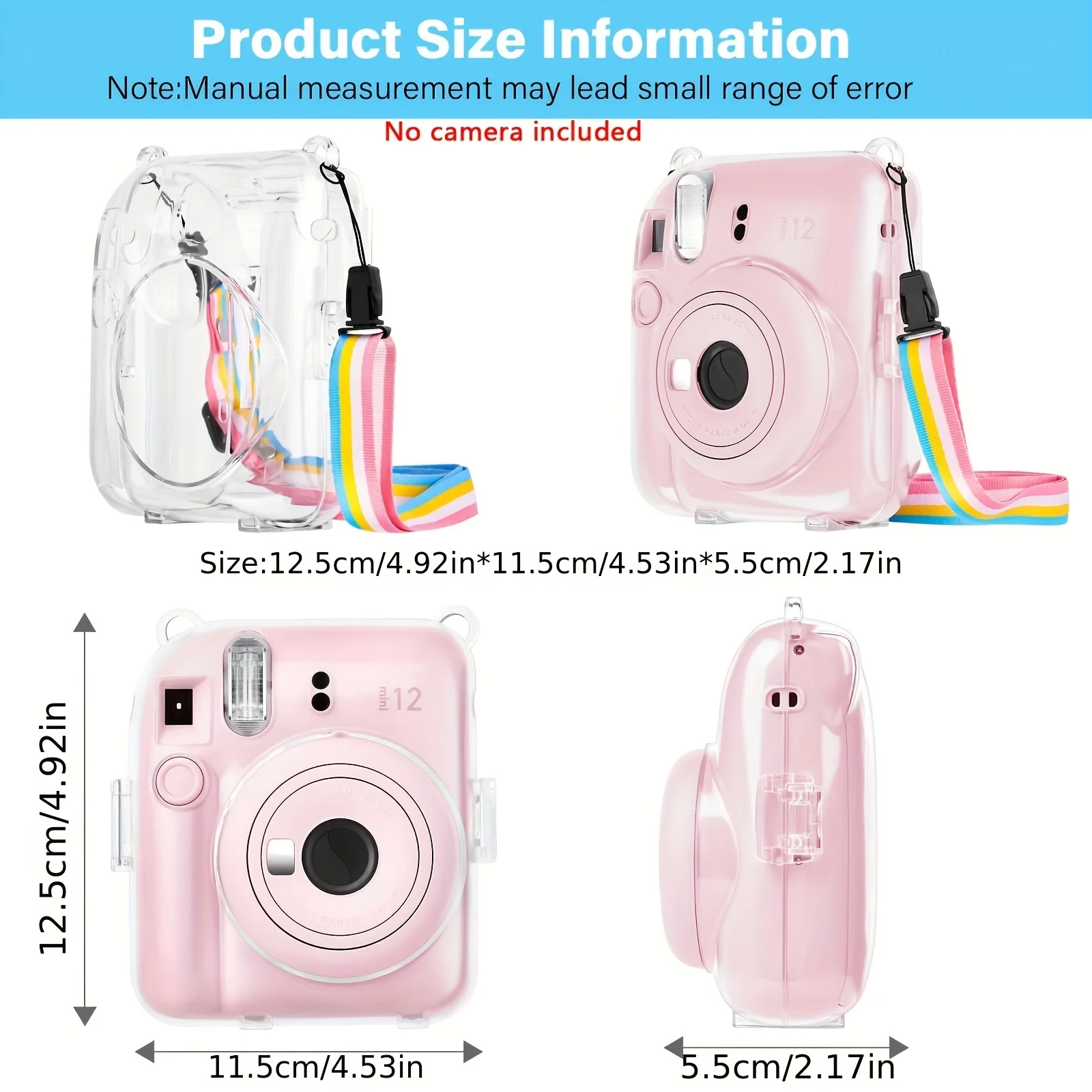 1 camera case hard for instax Mini 12 camera-PC case with rainbow strap (camera not included)