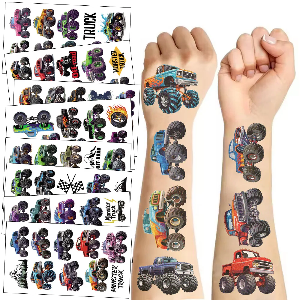 10 Sheets/Set Monster Truck Temporary Tattoos Stickers Happy Birthday Monster Truck Balloons Big Wheel Racing Party Foil Balloon