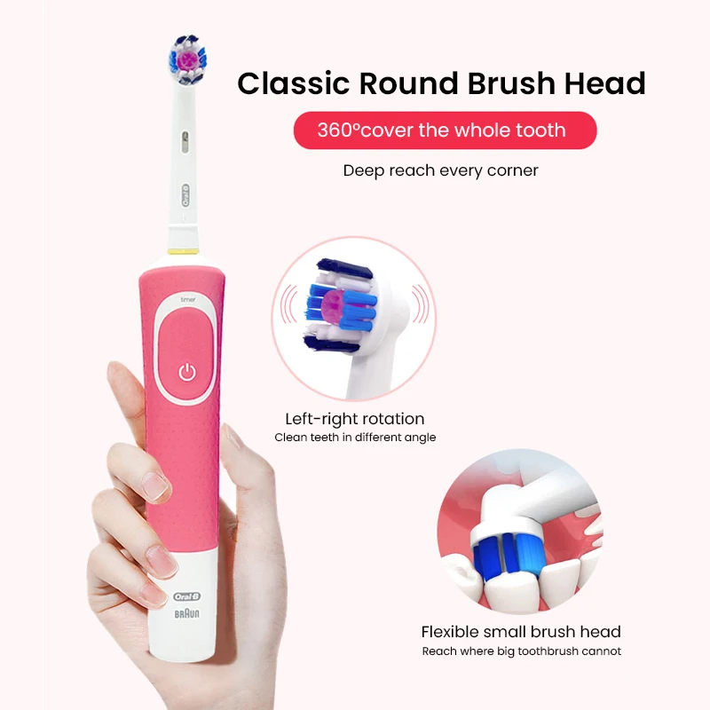 구강 B D100 전동 칫솔, 2D 활력 회전 칫솔, 2 분 타이머, 7,600RPM 방수, 4 개 선물, 50A 브러시 헤드