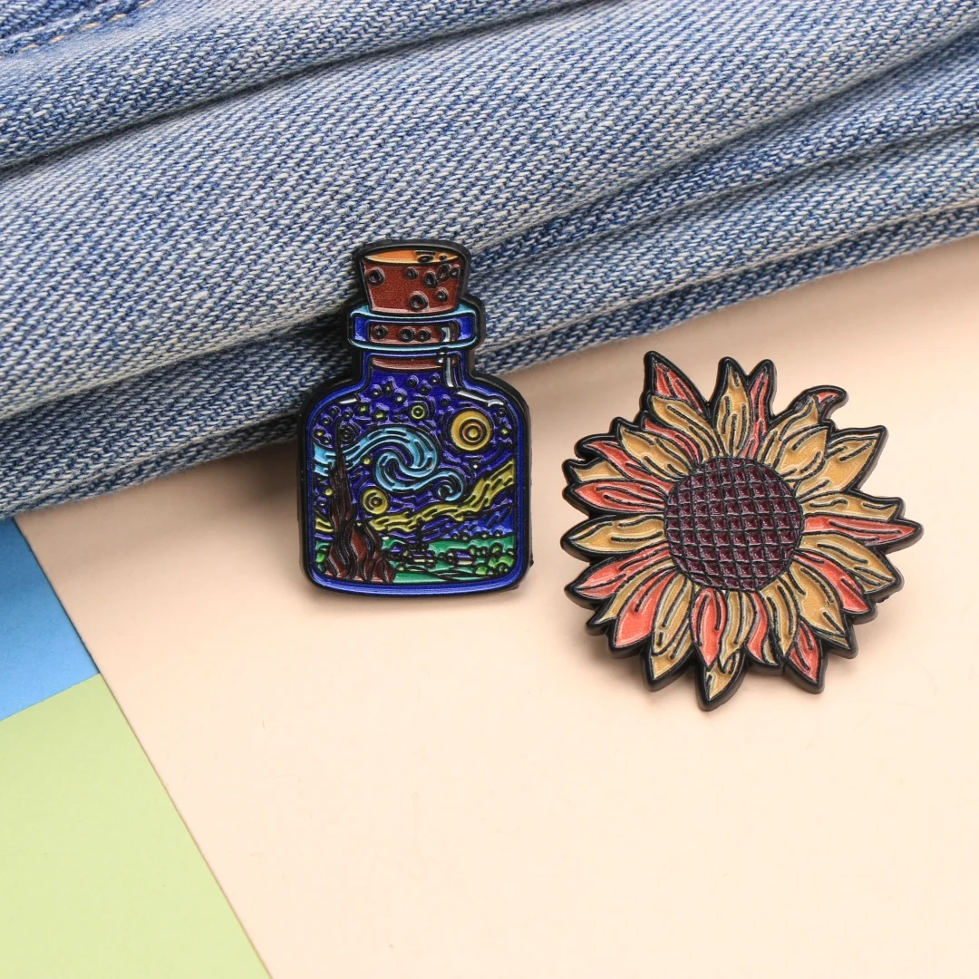 Sternennacht-Flasche und Sonnenblumen-Emaille-Anstecknadeln – künstlerische Anstecknadeln für Rucksack und Jacke, DIY-Schmuck, Geschenk