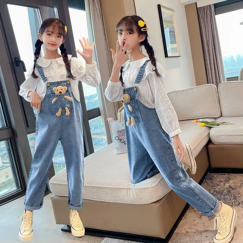 

Spring Autumn Kids Overall Jeans Denim Bib Jumpsuit Pockets with Bear 2024 Teenage Girls Suspender Trousers Girls 12+y