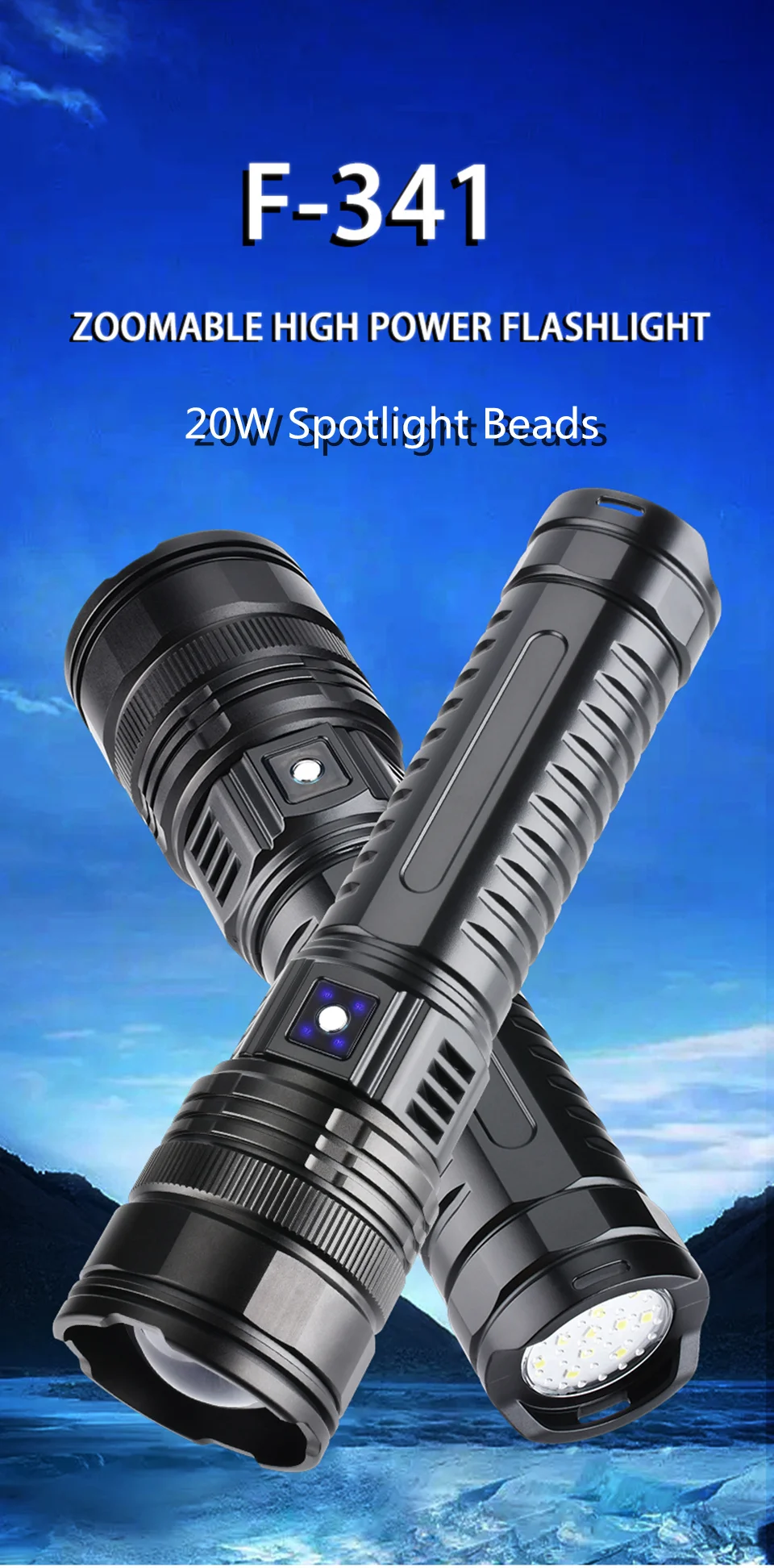 Description Picture 2 of itemHigh Power Spotlight Long Range LED Flashlight  Built In 18650 Battery Type-C Charging Lantern Tactical Torch for Fishing