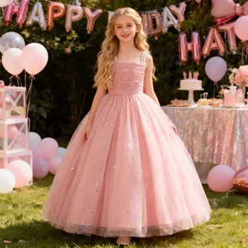 Elegant Sequins Bridemaids Girl Dress Summer Big Bow Tulle Wedding Princess Party Prom Dresses Girls Birthday Evening Ball Gown 1