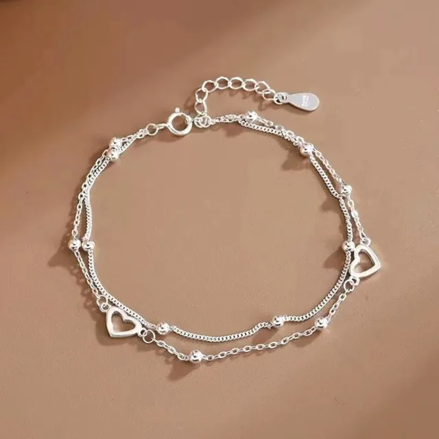 Bracelets en argent Sterling 925 en forme de cœur creux pour femmes et filles, Vintage, Design coréen, perles Double couche, bijoux cadeaux de fête 1