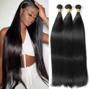 Extensioni di Capelli Umani Lisci, 3 Fasci di Capelli Vergini Brasiliani Non Trattati, Lunghezza 20 22 24 Pollici, 100% Naturali # 1B