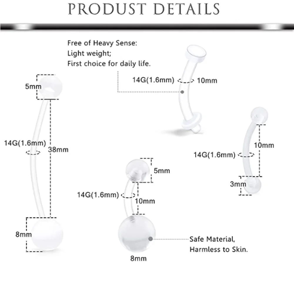 20 stücke 14g Klar Bauchnabel Ringe Schwangerschaft Bioflex Kunststoff Bauch Ring Frauen Curved Barbell Nabel Piercings Halterungen – Detail 3