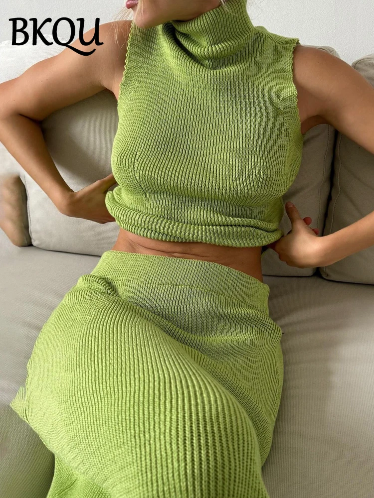 Summer Knitted Skirt Two Piece Sets Women Turtleneck