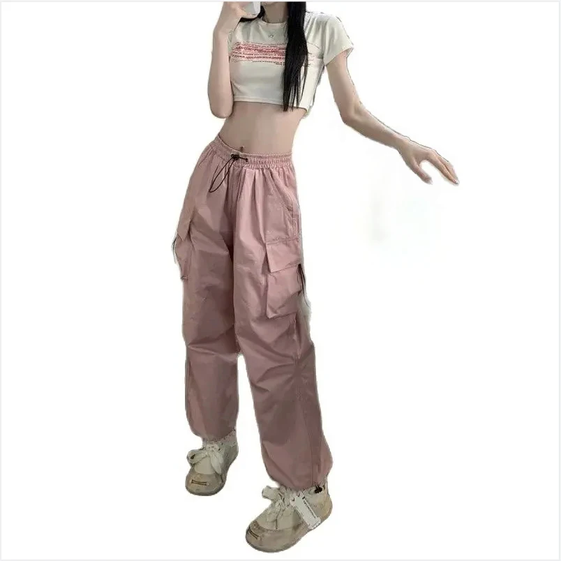 Woman Trousers Cargo Pants Straight Wide Leg Drawstring Oversize Pockets High Waisted Breathable Y2K Solid Color Sweatpants