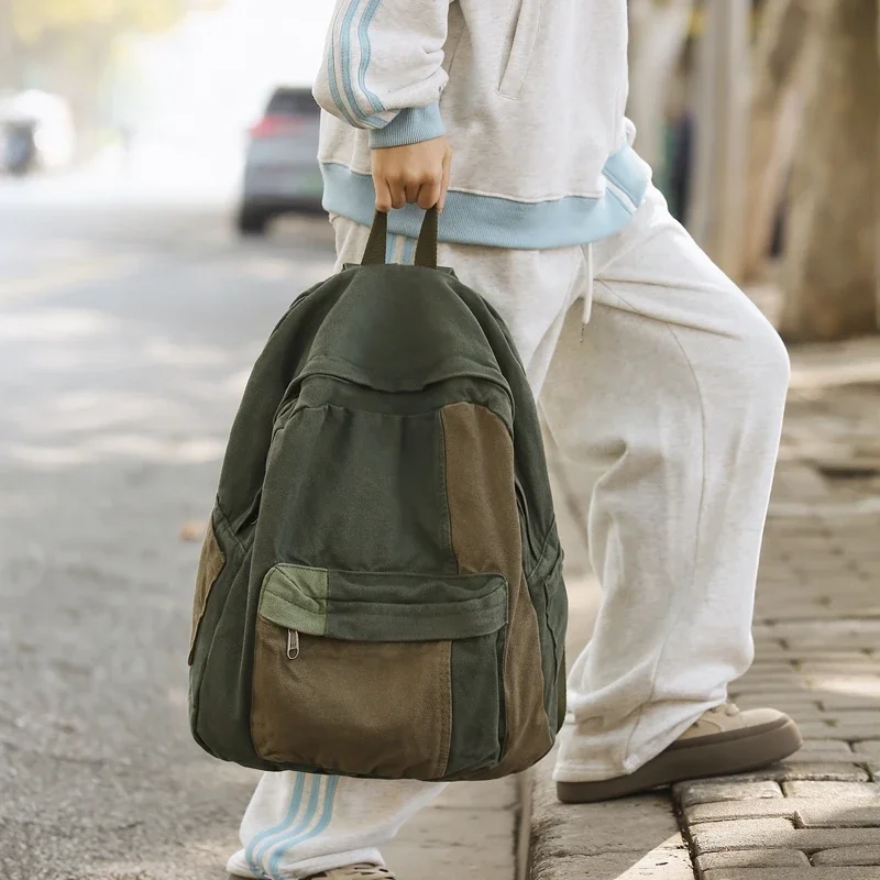 Canvas Women's Backpack Vintage Shoulders Bag College Knapsack Patchwork Packbag Travel Rucksack Student Mochila Y2K Book Bag 3