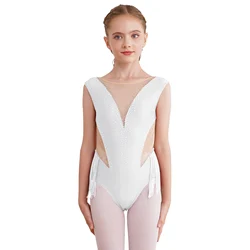 Kids Girls Gymnastics Tassel Dance Leotard Swing Bodysuit Shiny Rhinestone Figure Skating Ballet Latin Dance Performance Costume