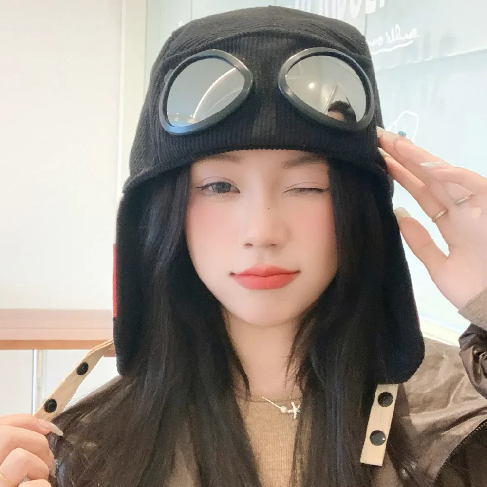 New Style Bomber Hats Ear Protection Hat Fashionable Pilot Style Hat With Sunglass Outdoor Winter Cap For Female Hat Caps